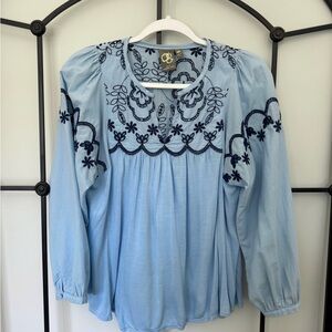 Anthropologie One September Blue Blouse with Navy Embroidery XS